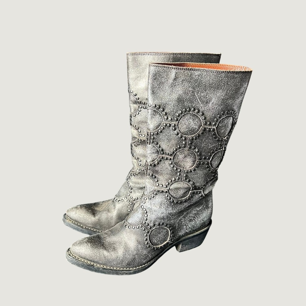 Sesto Meucci Silver Metallic Studded Leather Western Boots Distressed Italy 37.5
